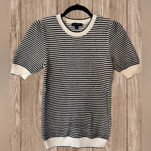 Preppy Knit Top, Puff Sleeves Crew Neck, Small, White Black Stripes, Ann Taylor
